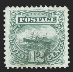 117, 12c Green, excellent centering within large margins all around, rich bright color and a clean impression, unusually light cancel, extremely fine and attractive 2007 PSE
certificate (XF 90 SMQ $380.00).