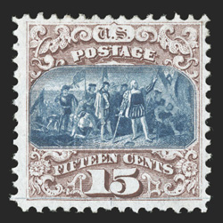 118, 15c Brown and blue, Ty. I, a rare mint single, well centered and margined, especially when compared to the other mint copies, fresh colors, full original gum, lightly
hinged, very fine original gum examples of 118 are especially challengi