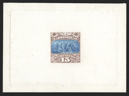 119-E1c, 15c Red brown and blue, large die essay on India, mounted in place, die sunk on 88x64mm card with full die sinkage, wonderfully fresh colors, quite clean except for a
few miniscule toned specks, very fine not only is this extremely rar