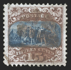 119, 15c Brown and blue, Ty. II, used, exceptionally well centered within wide margins, rich colors and strong impressions, cancelled solely by a red cork cancel which is most
unusual on this value, extremely fine 2006 PF certificate.