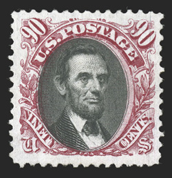 122a, 90c Carmine and black, without grill, attractive unused single, showing the vertical mesh that confirms it is from the original issue and not a re-issue, deep intense
colors and impressions, exceptionally well centered within uncommonly la