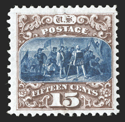 129, 15c Brown and blue re-issue, Ty. III, rich vibrant colors and deeply etched impressions, attractively centered within large margins, full o.g., relatively lightly hinged,
very fine 2006 PF certificate.