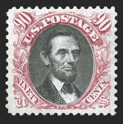 132, 90c Carmine and black re-issue, a most attractive mint example of this scarce re-issue high value, extraordinarily well centered within large margins, wonderfully bright
and fresh, full o.g.,extremely fine only 1,356 sold 1990 PF certific