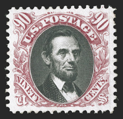 132, 90c Carmine and black re-issue, exceptionally well centered within large margins, deeply rich color and crisp detailed impressions, full but somewhat disturbed o.g.,
extremely fine clear 1982 PF and 2001 PSE certificates, as well as a 2008