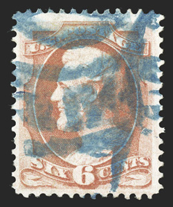 159, 6c Dull pink, a visually striking used example that is cancelled by a fancy blue Gin Barrel postmark of Chicago, stamp is well centered, very fine a crisp strike of this
rare cancel 2009 PF certificate.
