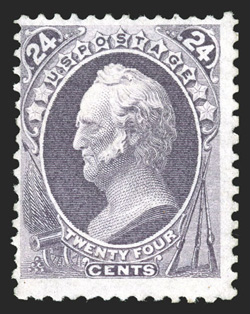 175, 24c Dull purple special printing, without gum as issued, full intact perforations all around, marvelously bright and fresh, fine less than 100 copies are currently
recorded 1989 PF certificate.