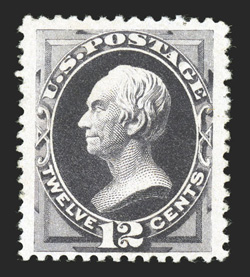 198, 12c Blackish purple special printing, without gum as issued, nicely centered within extra-large margins, deep intense color and a razor-sharp impression on fresh paper,
current certificate mentions a slightly nibbed perf. at left, otherwise