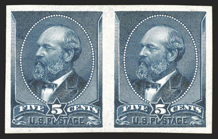 216b, 5c Indigo, imperforate, horizontal pair, large even margins all around, lovely rich color on fresh paper, full o.g., extremely fine a select example of this scarce
imperforate pair 1988 PF certificate.
