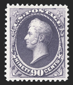 218, 90c Purple, exceptionally well centered within large margins, brilliantly rich color and a detailed impression on fresh paper, o.g., lightly hinged, extremely fine and
choice 1993 PF certificate.