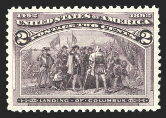 231, 2c Columbian, exceedingly well centered within large margins, rich fresh color and a crisp impression, o.g., n.h., extremely fine and choice 2007 PSE certificate
(XF-Superb 95 SMQ $325.00).