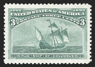 232, 3c Columbian, an eye-arresting jumbo-margined mint single, possessing extravagantly wide margins all around and being precisely centered amid this vast expanse, strong
color and a sharp impression on fresh paper, while full and even perfora