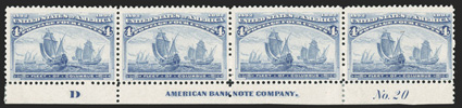 233, 4c Columbian, bottom margin imprint and plate No. 20 strip of four, attractive color, o.g., stamps lightly hinged, very fine 2008 PF certificate.