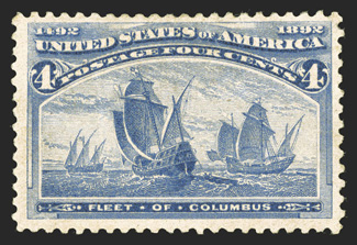 233a, 4c Blue Columbian, error of color, an extraordinarily handsome and choice mint example of this popular error rarity, possessing gloriously rich color and an excellent
clarity of impression, well centered within large margins, full original