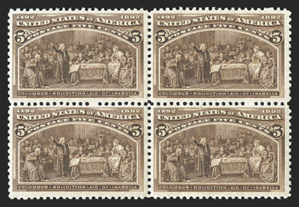 234, 5c Columbian, fresh mint block of four, nicely centered, o.g., n.h., right pair with mild gum bend, very fine.
