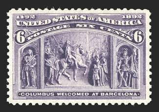 235, 6c Columbian, exceedingly well centered within uncommonly large margins, rich luxuriant color and a well incised impression, unblemished o.g., n.h., extremely fine an
especially choice Six Cent Columbian 2010 PSE certificate (XF-Superb 95