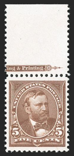 270, 5c Chocolate, top sheet-margin partial imprint single, lovely rich color, well centered and margined, o.g., n.h., extremely fine 2010 PSE certificate for the strip of
three from which this came.