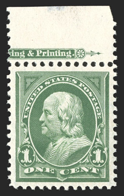279, 1c Deep green, top sheet-margin partial imprint single, exceedingly well centered within extravagantly large margins, strong rich color, o.g., n.h., extremely fine gem
2010 PSE certificate (XF-Superb 95 Jumbo SMQ $275.00 for 95 and $1,100
