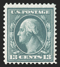 365, 13c Blue green on bluish paper, an uncommonly fresh mint single, with deeply rich color and a well incised impression, unblemished o.g., never hinged (quite scarce thus),
very fine 1998 PF certificate and a 2008 PF certificate (F-VF 75).