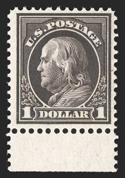 423, $1.00 Violet brown, bottom sheet-margin single, deep intense color and impression, o.g., n.h., very fine photocopy of a 2010 PF certificate for a block of four, this being
the bottom right stamp.