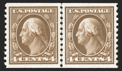 446, 4c Brown flat plate coil, perf. 10 vert., a magnificent guide line pair of this scarce and always challenging coil, being the finest quality line pair of 446 we have ever
offered in our auctions, featuring absolutely perfect centering