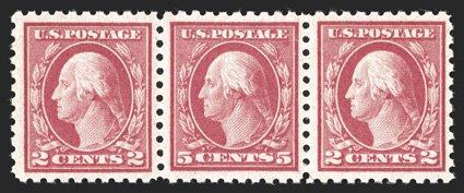 467, 5c Carmine error, single error in a strip of three, well centered within large margins, brilliantly fresh color, pristine o.g., n.h., very fine.