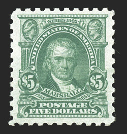 480, $5.00 Light green, gorgeous mint single, flawlessly centered within uncommonly large and well balanced margins, rich color on fresh paper, pristine o.g., n.h., an
extremely fine gem.
