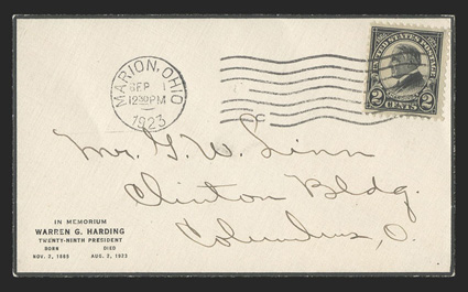 610, 2c Harding, three first day covers, each tied by neat Marion, OhioSep.1, 1923 machine cancel to first day cover with the 1st George W. Linn cachet, considered by most
authorities to have been the first modern cachet, this group repre
