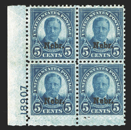 674, 5c Nebr. ovpt., select bottom left corner plate no. 18907 block of four of this underrated value, intensely rich color, very well centered, o.g., n.h., extremely
fine.
