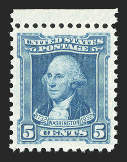 710, 5c Washington Bicentennial, a superb top sheet-margin single, mathematically precise centering, deep color and impression, o.g., n.h., an extremely fine gem and a must
have for someone trying to assemble the highest graded set 2009 PSE c