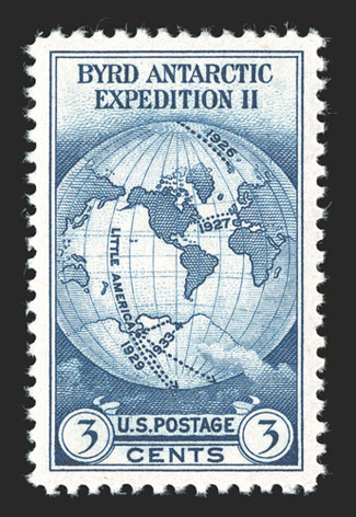 733, 3c Byrd Antarctic, large and perfectly balanced margins all around, brilliantly fresh, o.g., n.h., extremely fine gem actually a very challenging stamp to find in this
flawless quality 2009 PSE certificate (Gem 100 SMQ $380.00) the hi