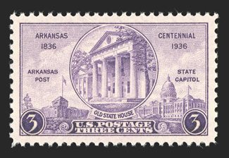782, 3c Arkansas Centennial, mathematically precise centering within large margins, strong color, o.g., n.h., extremely fine gem 2009 PSE certificate (Gem 100 SMQ $300.00) the
highest grade in the PSE report, being one of four so graded.