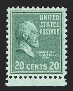 825, 20c Bright blue green, bottom sheet-margin single, perfect centering, strong rich color, o.g., n.h., extremely fine gem 2009 PSE certificate (Gem 100 SMQ $520.00) the
highest grade in the PSE report, being one of only four so graded.