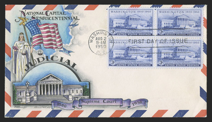 991, 3c Supreme Court Building, block of four tied by Washington, D.C.Aug 2, 1950 first day of issue postmark to Dorothy Knapp multicolored handpainted cover with air mail
border, unaddressed, mounting stains on reverse, otherwise very fine a