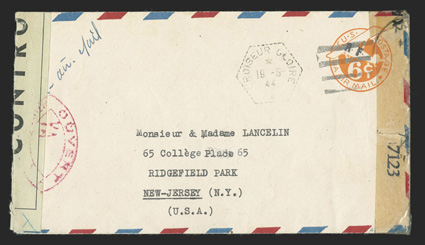 UCM1, 6c Orange die 2a entire with R.F. Ty. a handstamp, UC3 air mail border cover from Mr. Roger Millot to Mr. & Mrs. Lancelin in Ridgefield Park, N.J., hexagonal Croiseur
Gloire19-5, 44 ship duplex postmark, French censor tape at left