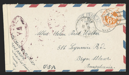 UCM1, 6c Orange die 2b entire with R.F. Ty. a handstamp, UC4 air mail border cover from Andre Hubert to Miss Helen Walker in Bryn Mawr, Pa., Poste Navale30-10, 44 datestamp and
Marine Francaise anchor cachet, French censor tape at left