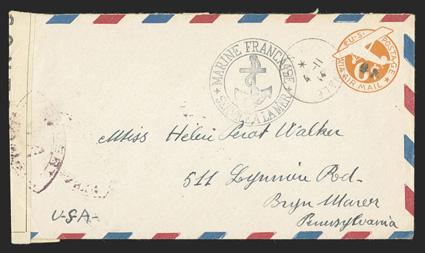 UCM1, 6c Orange die 3 entire with R.F. Ty. a handstamp, UC6 air mail border cover from Andre Hubert to Miss Helen Walker in Bryn Mawr, Pa., Poste Navale4-11, 44 datestamp and
Marine Francaise anchor cachet, French censor tape at left t