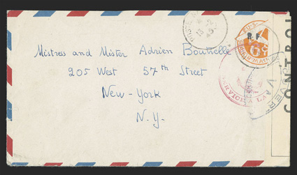 UCM1, 6c Orange die 3 entire with R.F. Ty. a handstamp, UC6 air mail border cover from R. Pittet from the dispatch boat Annamite to Mr. & Mrs. Adrien Boutrelle in New York
City, twice struck Poste Navale13-2, 45 postmark and magenta M