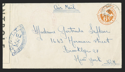 UCM2, 6c Orange die 2b entire with R.F. Ty. b handstamp, UC4 with plain border from a sailor in Morocco to Gertrude Lafleur in Brooklyn, N.Y., Poste Navale12-7, 45 postmark and
light magenta Marine Francaise anchor cachet, French censo