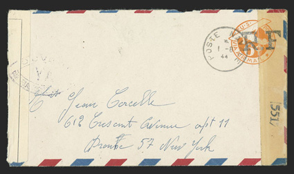 UCM3, 6c Orange die 2a entire with R.F Ty. d handstamp, UC3 with air mail border from a sailor on board the Gloire to Miss Jean Corcelle in the Bronx, N.Y., clear Poste
Navale1-8, 44 postmark, French censor tape at left tied by ellipti