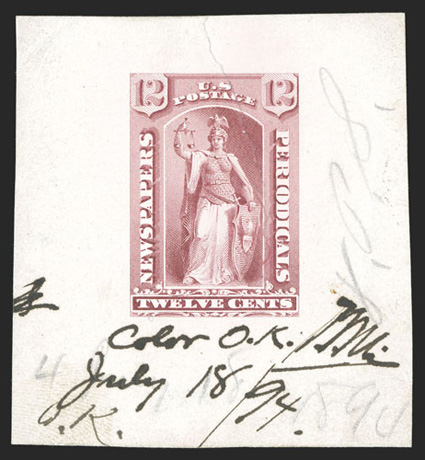 PR63P1, 12c Red, large die proof on India paper mounted on 56x61mm card, with pencil and manuscript initials and notations Color O.K.July 1894., crease through the design, very
fine appearance rare engravers finished proof.
