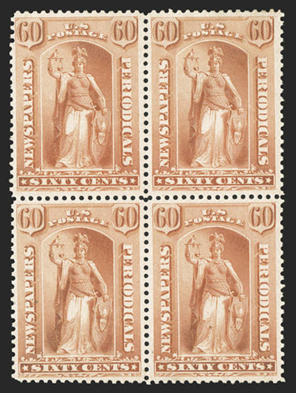 PR67 var., 60c Pale vermilion imperforate, privately perforated, an extremely rare, if not unique, unused block of four, well centered, fresh and intact, top right stamp with a
natural paper inclusion, very fine unlisted in Scott either as an i