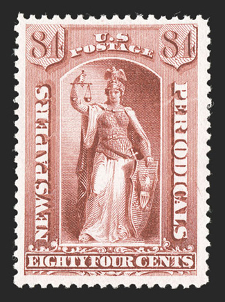 PR69, 84c Red, incredibly fresh mint single, wonderfully well centered amid larger margins than most, deep rich color, o.g., very lightly hinged, trivial small vertical
internal crease at bottom, otherwise extremely fine 2002 PF certificate.
