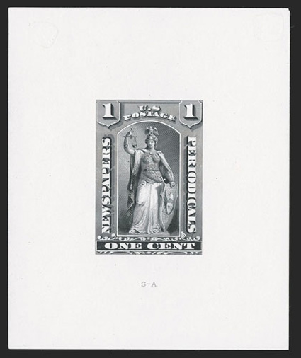 PR81-E1b, 1c Black, large die essay on white ivory paper of the complete design as adopted for the 12c-96c values, 65x78mm, fresh and extremely fine ex-Lake Shore
collection.
