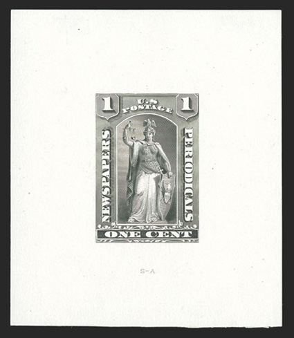 PR81-E1b, 1c Black brown, large die essay on white ivory paper of the complete design as adopted for the 12c-96c values, 65x75mm, fresh and extremely
fine.