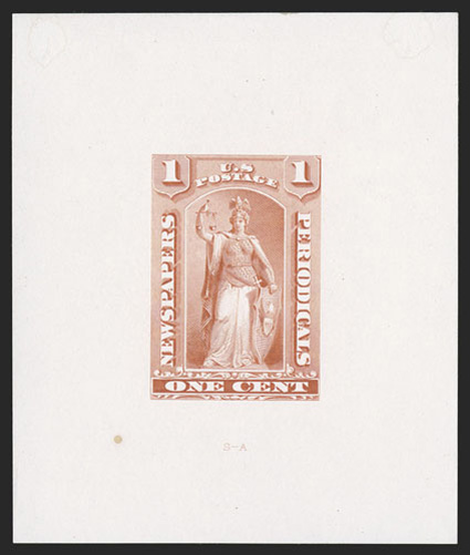 PR81-E1b, 1c Scarlet, large die essay on white ivory paper of the complete design as adopted for the 12c-96c values, 65x75mm, small spot at lower left well away from design,
still very fine and rare.