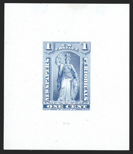 PR81-E1b, 1c Blue, large die essay on white ivory paper of the complete design as adopted for the 12c-96c values, 65x78mm, fresh and extremely fine.