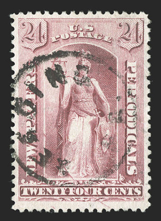 PR83 var., 24c Carmine, scratched plate, rich color and sharp impression which allow the 15mm diagonal plate scratch at bottom to be plainly visible, well centered amid large
margins, Reading, Pa. circular cancel, extremely fine ex-Drucker.