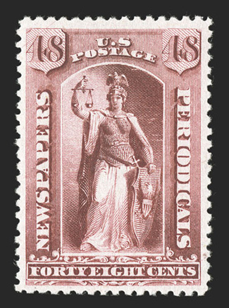 PR85, 48c Carmine, choice mint single, incredibly well centered within unusually large margins, deep rich color on fresh white paper, full clean o.g., very lightly hinged,
extremely fine a nicer example would be a challenge to locate ex-Less