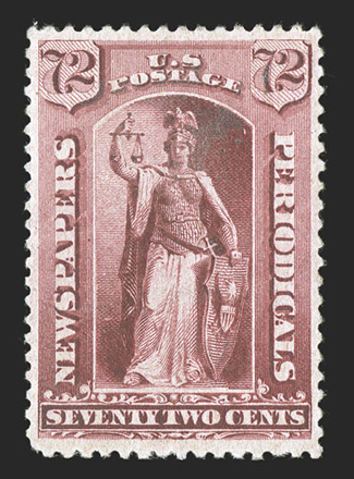 PR87, 72c Carmine, an incredibly choice mint example of this value, featuring outstanding centering within very large margins, gloriously rich color and deeply etched
impression, full o.g., lightly hinged, extremely fine a very scarce stamp in