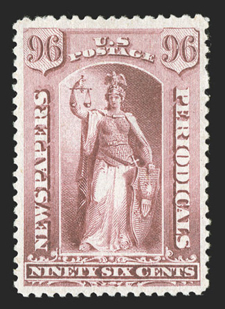PR89, 96c Carmine, an especially choice mint example of this difficult stamp, marvelously well centered within considerably larger margins than usual, strong color and
impression, full clean o.g., lightly hinged, extremely fine and handsome 199